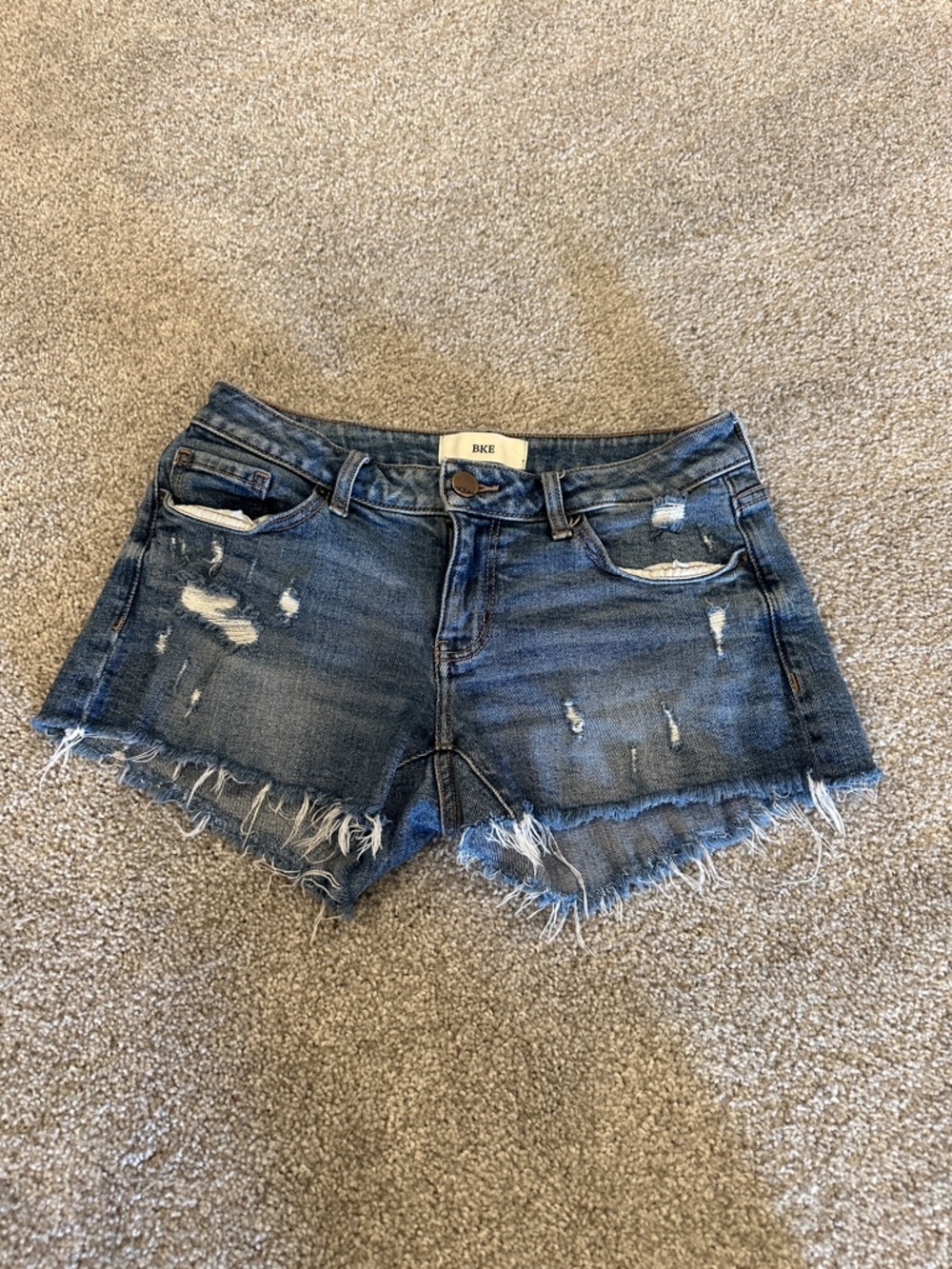 BKE Frayed Hem Distressed Denim Shorts - Dark Blue